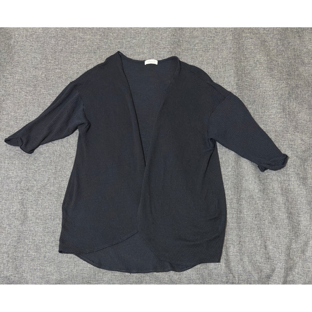 Ginger G Womens L Cardigan Black Waffle Knit Open Front High Low 3/4 Sleeve
